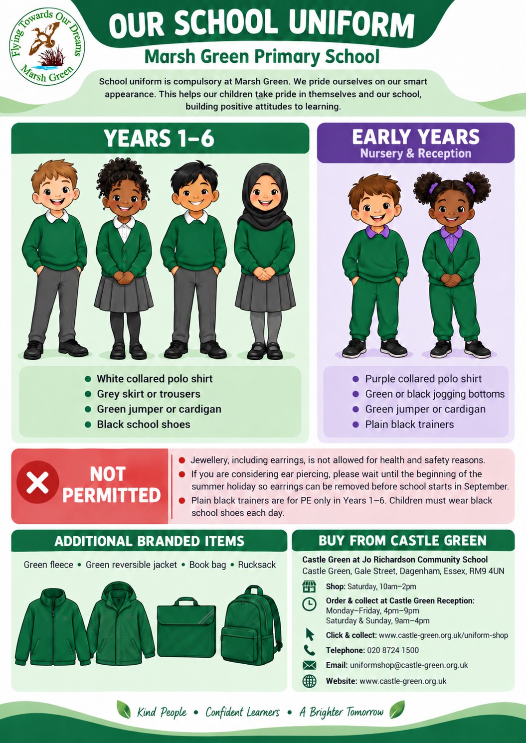 Marsh Green Primary School uniform poster. School uniform is compulsory. Years 1–6 wear a white collared polo shirt, grey skirt or trousers, green jumper or cardigan, and black school shoes. Nursery and Reception children wear a purple collared polo shirt, green or black jogging bottoms, a green jumper or cardigan, and plain black trainers. Jewellery, including earrings, is not permitted for health and safety reasons. Plain black trainers may only be worn for PE in Years 1–6; children must wear black school shoes each day. Additional branded items include a green fleece, green reversible jacket, book bag and rucksack. Uniform is available from Castle Green at Jo Richardson Community School, Gale Street, Dagenham, RM9 4UN. Telephone 020 8724 1500 or visit [www.castle-green.org.uk/uniform-shop](http://www.castle-green.org.uk/uniform-shop).