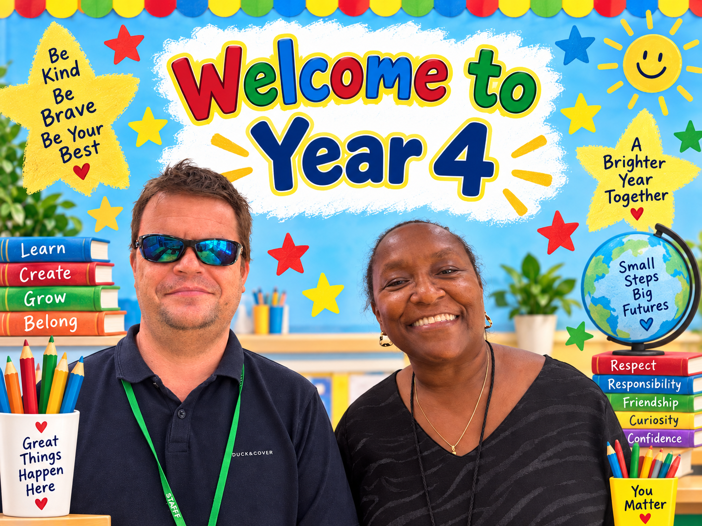 Welcome to Year 4 - we are your teachers! Image of Mr Cartwright and Mrs Winkler
