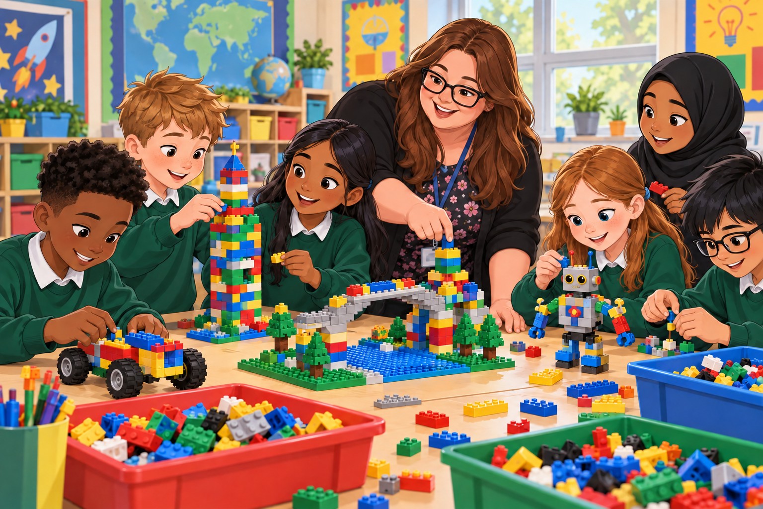 Image of Mrs Weekes working with some children building with lego